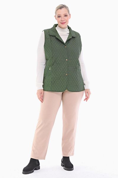 VETRE Women's Large Size Polo Collar Khaki Quilted Vest 1028