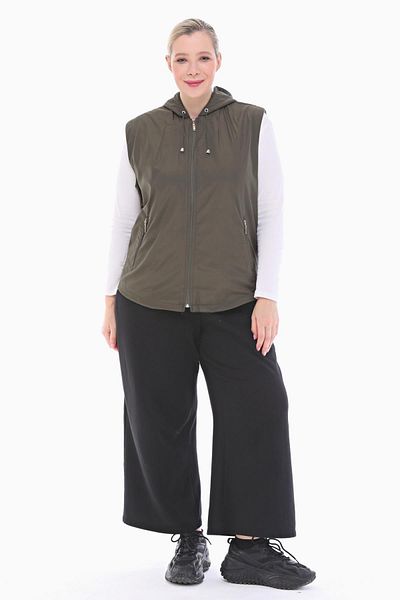 VETRE Women's Large Size Hooded Khaki Fleece Vest 1026