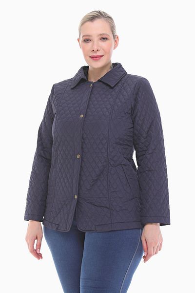 VETRE Women's Large Size Polo Collar Navy Blue Seasonal Quilted Coat 1030