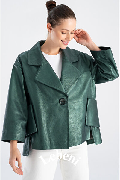 Lebeni Hakiki Deri Ceket Kadın - Tek Düğmeli Oversize Mevsimlik Deri Ceket Kadın Yeşil