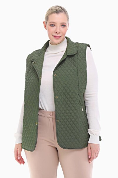 VETRE Women's Large Size Polo Collar Khaki Quilted Vest 1028