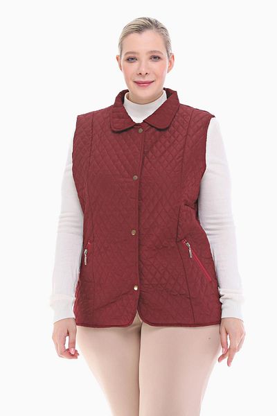 VETRE Women's Large Size Polo Collar Claret Red Quilted Vest 1028