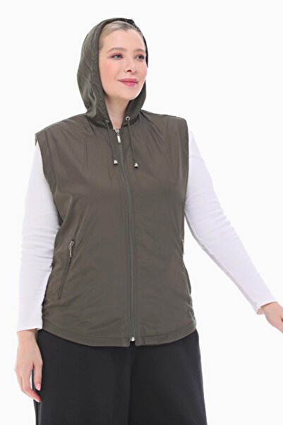 VETRE Women's Large Size Hooded Khaki Fleece Vest 1026