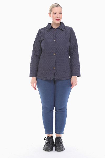 VETRE Women's Large Size Polo Collar Navy Blue Seasonal Quilted Coat 1030