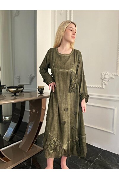 Bohemian Antik Görünümlü Taşlanmış Pamuk Otantik Uzun Elbise