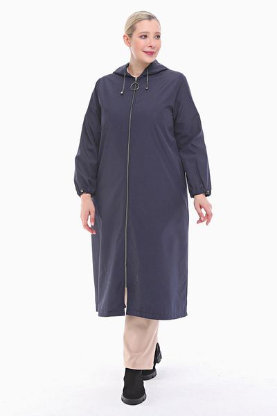VETRE Women's Large Size Hooded Navy Blue Long Trench Coat 1034