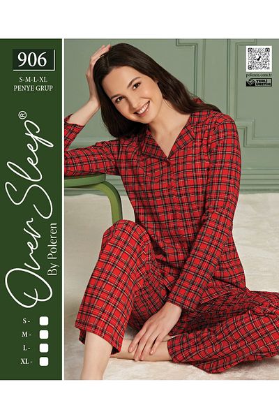 Over Sleep by Poleren Red Plaid Shirt Collar Long Sleeve Women's Pajamas Set