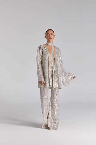 Nur OSKAY Gray Sequined Kimono and Flared Leg New Year's Trousers Set