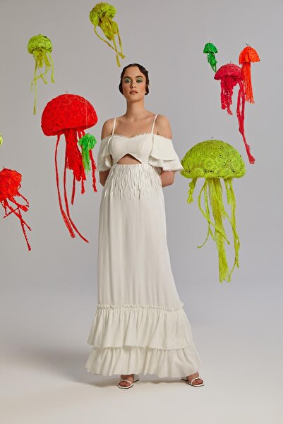 Nur OSKAY Finger Coral, Bel Dekolteli, Spagetti Askılı, Mercan Detaylı, Maksi...