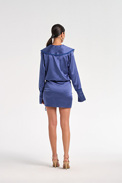Nur OSKAY Kate, Gece Mavisi Şömiziye Yaka Saten Elbise
