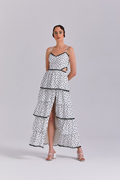 Nur OSKAY Armastus, Yazlık, Puantiyeli, Farbalı, Kalp Yaka, Maksiboy Elbise