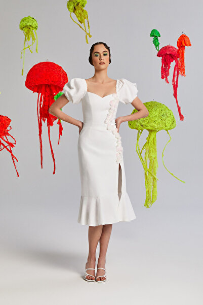 Nur OSKAY Soft, Keten, Balon Kol, Midiboy, Derin Yırtmaç, Yazlık Elbise