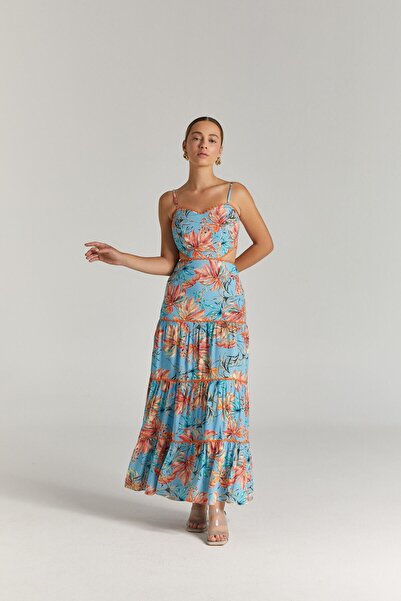 Nur OSKAY Açık Mavi Turuncu Yaprak Desenli Maxi Boy Elbise