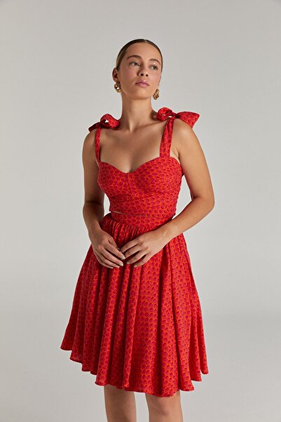 Nur OSKAY Turuncu Fuşya Desenli Kloş Etek Büstiyer Takım