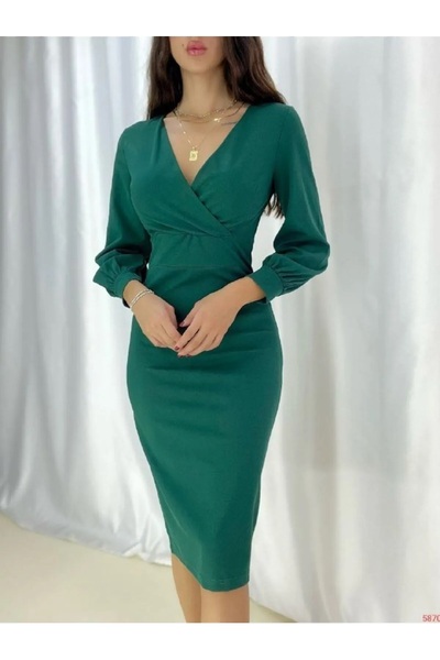 merlavin Rochie midi din țesătură creponată cu mânecă cu balon pentru femei