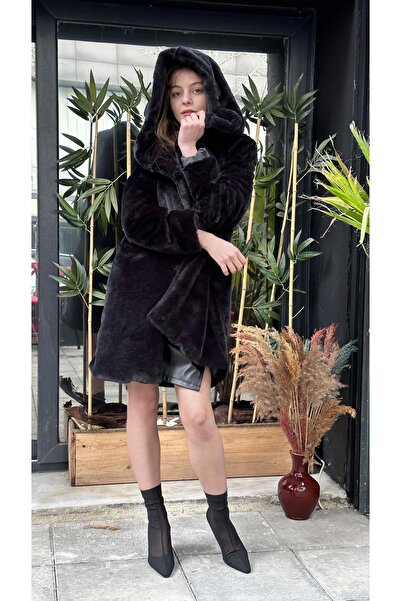 ayakuydur Kadın Siyah Kapüşonlu Kürklü Cepli Kaban