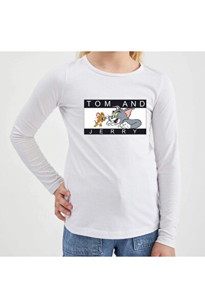 PHAMUK Uzun Kollu Bisiklet Yaka Çocuk Beyaz Tshirt Tom Jerry Baskılı Pamuklu ...