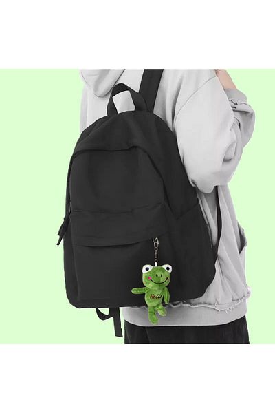 Köstebek Black Solid Color School Backpack with Green Plush Frog Accessories