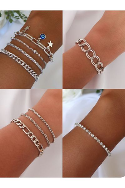 DENİZDENAL Silver Bracelet 4-Piece Combination