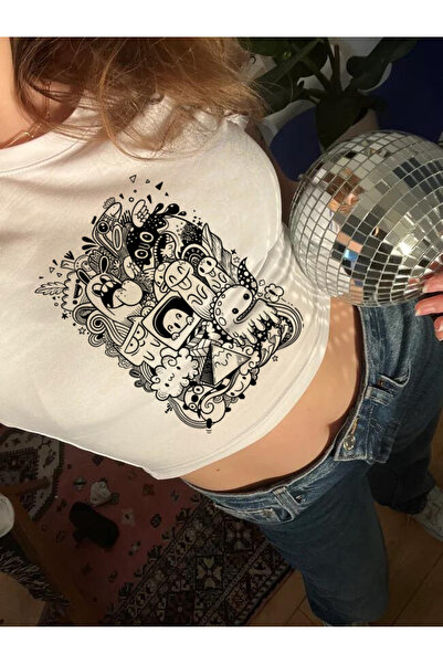 Violon Y2K Streetwear Μαύρο χαριτωμένο τέρατα με μοτίβο κοντομάνικο λευκό κορ...