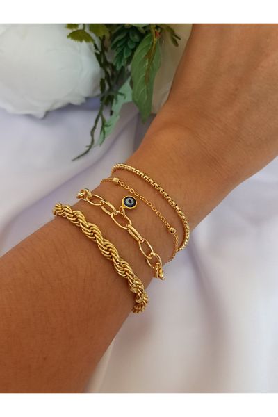 DENİZDENAL Gold Bracelet Combination Set of 4