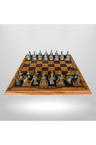 Metalicraft MC31 Metal Chess Set - Natural Wooden Beech Board - Handmade Terracotta Figured Metal Stones