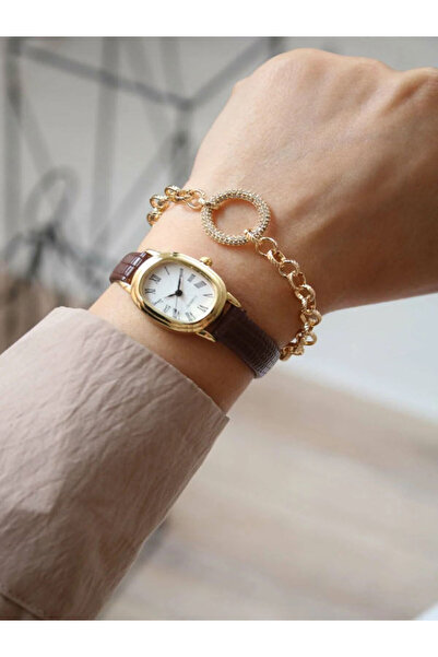 Force Kadın Gold Saat Oval Roma Rakam Deri Düz-Kroko Kordon