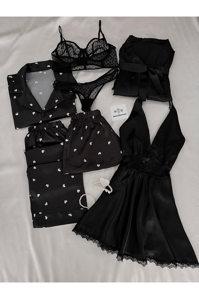 MH Moony Homewears Set de zestre de lenjerie de corp, cutie de 7 piese, alb, negru, din satin, pijamale