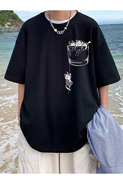 AEMİ Unisex džep mačka Štampano okrugla kragna Oversize kroj T-shirt