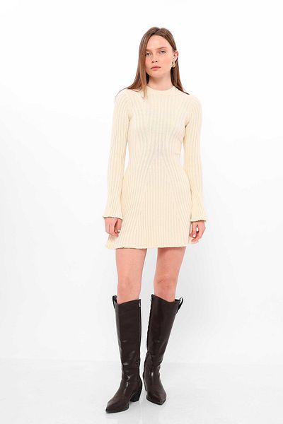 MYA Women's Long Sleeve Ribbed Mini Knitwear Dress