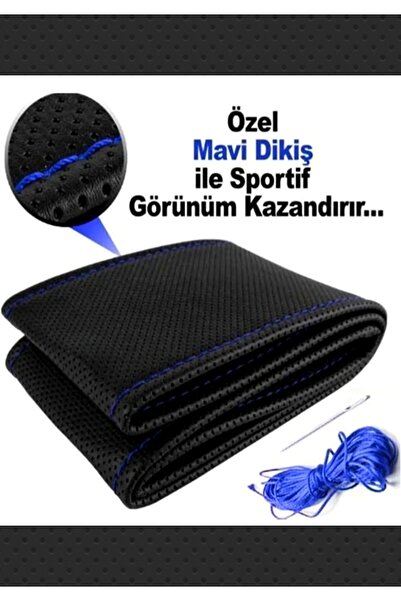 Asegaraj Ford Fiesta Uyumlu Dikmeli Direksiyon Kılıfı Noktalı Dikişli Mavi İpli ( 38cm×10.5cm )