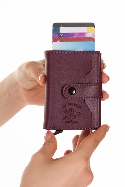 Newish Unisex Purple Vegan Leather Aluminum Mechanism, Card Holder Wallet Automatic Wallet Multi-Functional Wallet
