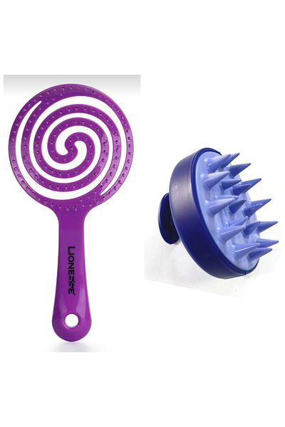 Lionesse Purple Pro 3-D Oval Hair Brush and Purple Hair Washing Comb