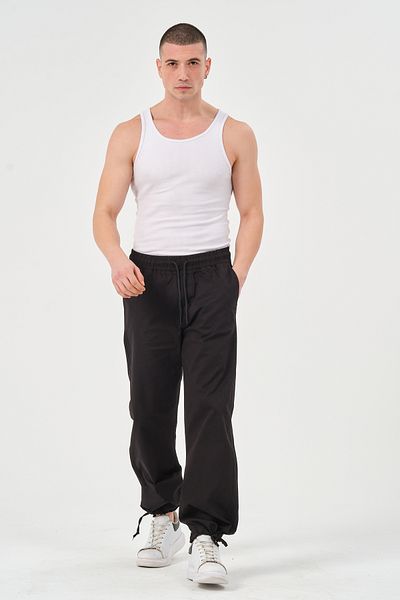 RELAXL Wide Leg Elastic Waist Cotton Gabardine Men's Baggy Black Trousers