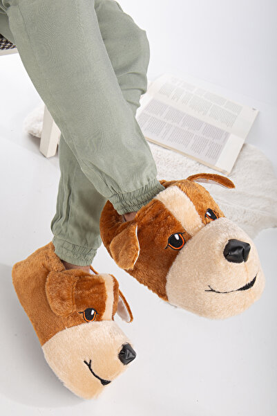 BOUIS Cizme pentru bărbați, maro, cu blană, cu model de câine, talpă anti-alunecare, cizme pufoase de pluș, cizme de iarnă pentru acasă, papuci comozi