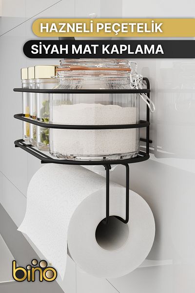 Bino Държач за ролкови кърпи, Държач за самозалепващи се хартиени кърпи, Държач за салфетки, Прибори за хранене, Презентация за кухненски сервиз, Органайзер за кърпи с кутия за съхранение