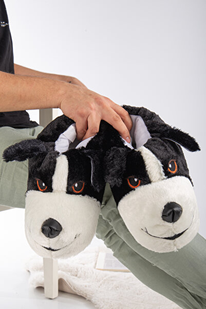 BOUIS Erkek Siyah Sevimli Köpek Figürlü Peluş Panduf Kaymaz Yumuşak Taban Ev Içi Ayakkabısı Bot