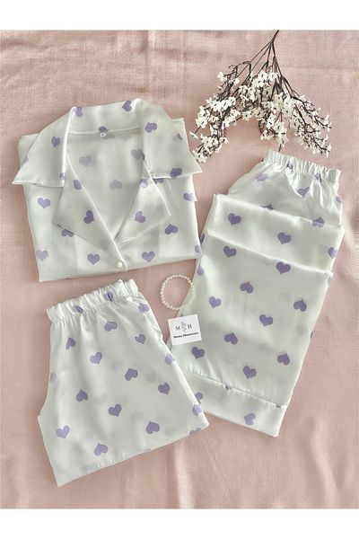 MH Moony Homewears Сатенена пижама от 3 части Lilac Love Heart