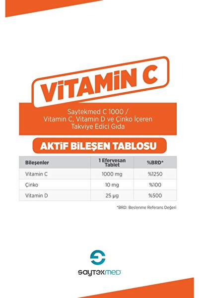 SAYTEKMED C1000, C Vitamini, D Vitamini Ve Çinko Içeren Takviye Gıda 15 Efervesan Tablet
