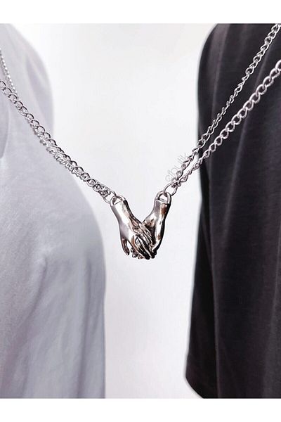 EFBUTİK Silver Color Magnet Hand in Hand Double Necklace
