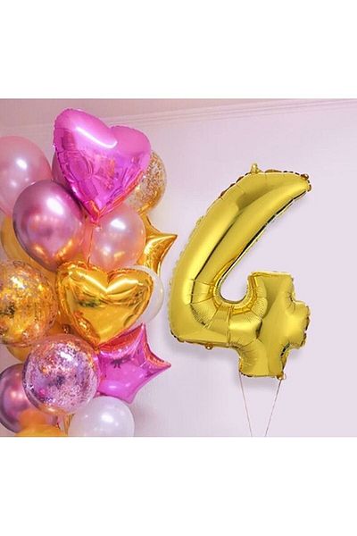 STAR PARTY Star Pink Gold Heart Star Number Concept Balloon Set Age 4