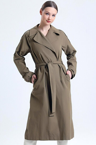 CoolLook Apolet Detaylı Astarlı Ceket Yaka İki Yan Cepli Uzun Kol Astarlı Oversize Pamuklu Trençkot