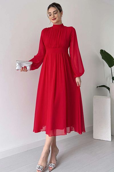 vuvutasarım Lined Chiffon Fabric Long Sleeve Stand Collar Flared Cut Midi Length Red Chiffon Dress 094