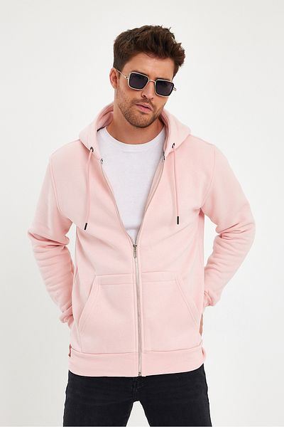 CLIPMAN Men's Slim Fit Knitted 3 Thread Zippered Fleece Cardigan Pink