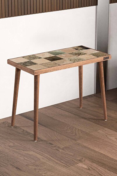 bluecape Traverten Taşlı Alaska Doğal Ağaç 62x32cm Ceviz Dekoratif Sehpa