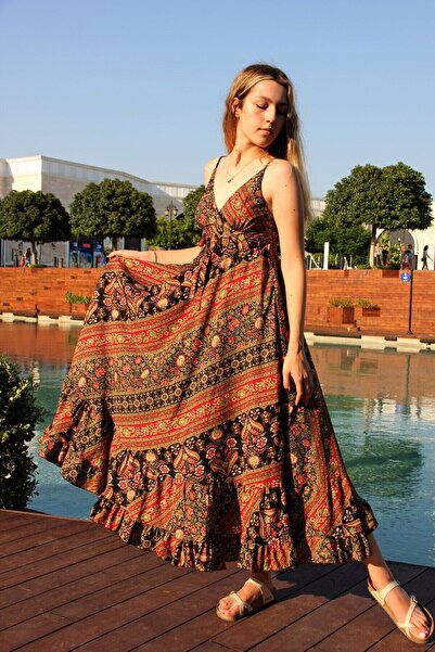 Bohemian Women's Red Shawl Patterned Strappy Ruffle Silk Dress