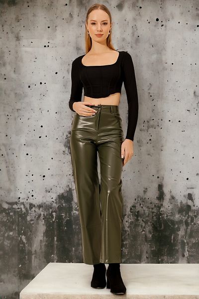 HAKKE Pantaloni de damă din piele cu talie înaltă