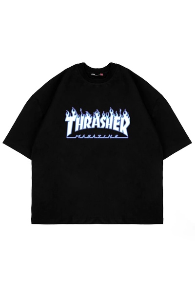 Bak Moda Tricou negru unisex oversize cu imprimeu Thrasher Flam