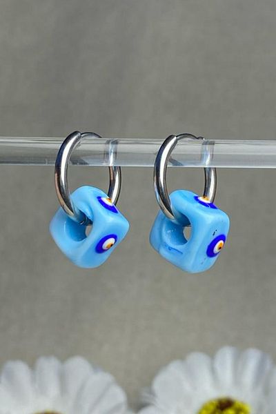 Jaida Moda Women's Silver Stainless Steel Blue Evil Eye Bead Model Charm Dangle Hoop Earrings