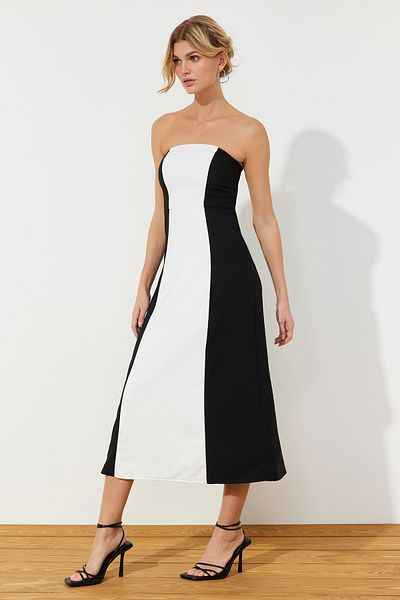 Trendyol Collection Černé Maxi tkané šaty A-Line bez ramínek s odepínacími ramínky TWOSS24EL00211